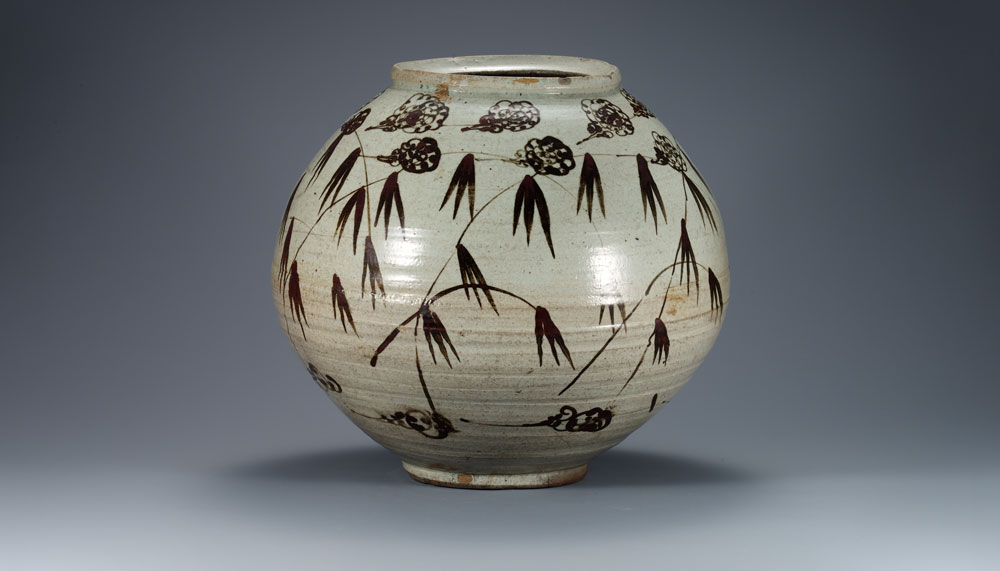 Procelain jar with cloud and bamboo design in underglaze iron brown, Joseon dynasty