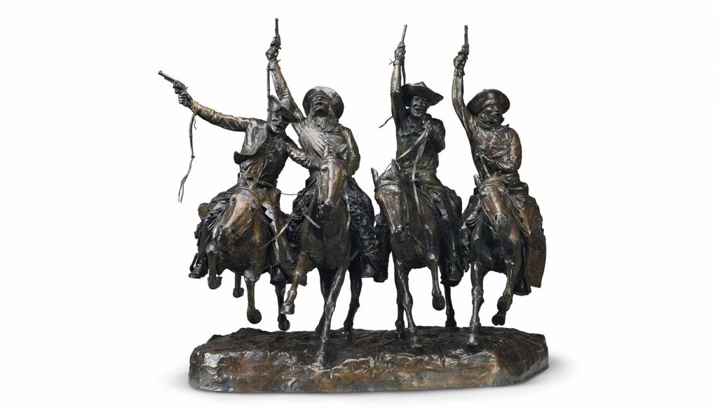 Coming Through the Rye by Frederic Remington, a bronze cast with brown patina.
