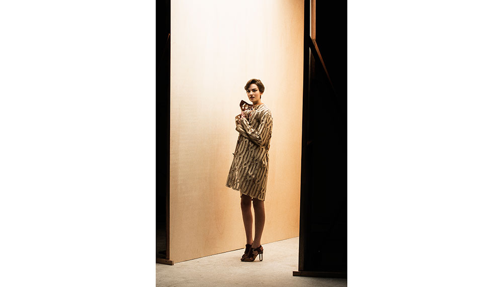 Leather and cotton coat, silk slip-dress and calfskin, metal heels