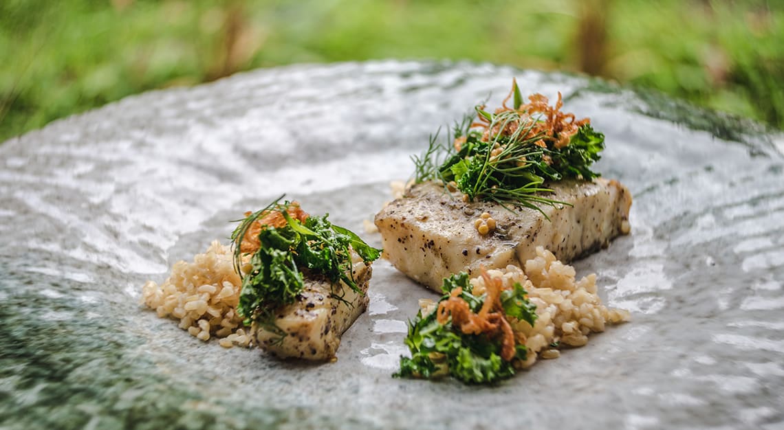 Dearborn Sustainable barramundi with bulgur wheat and market greens