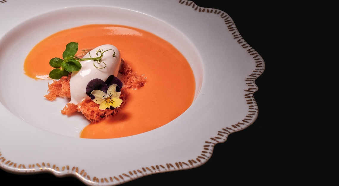 Gaig Salmorejo soup with burrata cheese and jamón ice cream 