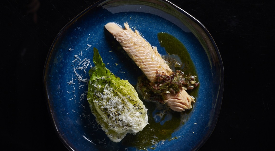 FIRE - Salt Baked Rainbow Trout with Grilled baby Romaine